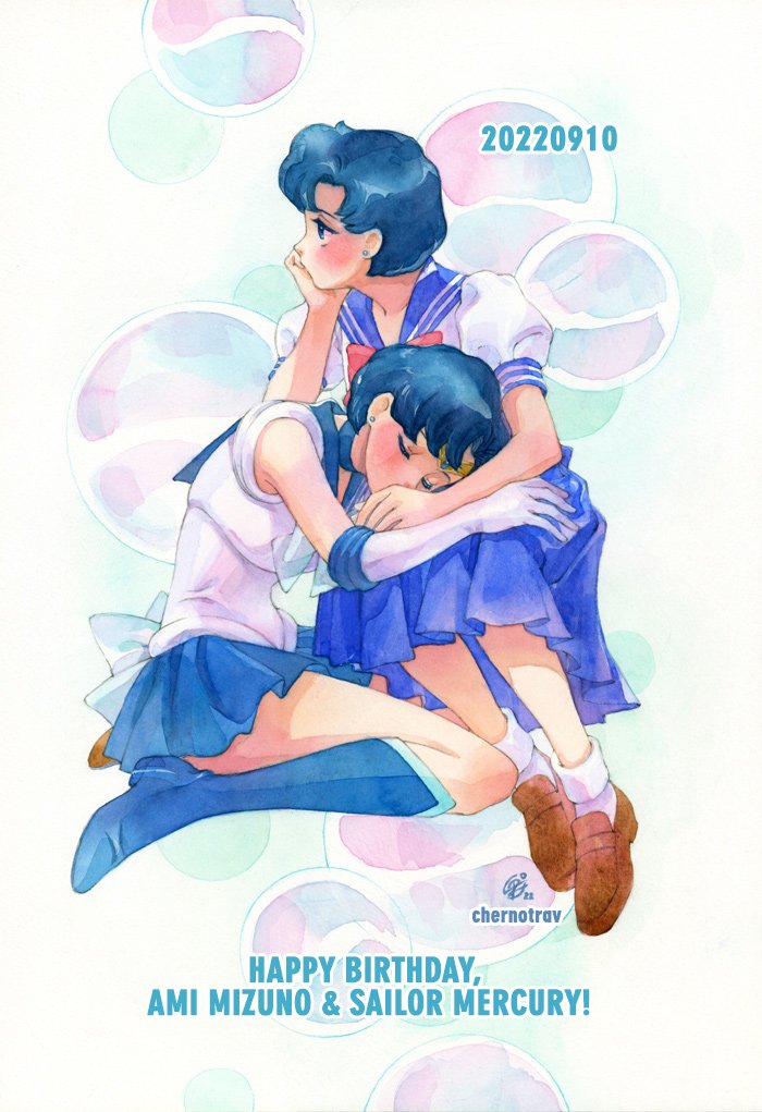 2girls bishoujo_senshi_sailor_moon blue_eyes blue_footwear blue_hair blue_skirt blush bow brown_footwear character_name chernotrav closed_eyes dual_persona earrings gloves happy_birthday jewelry mizuno_ami multiple_girls red_bow sailor_mercury school_uniform short_hair sitting skirt white_gloves