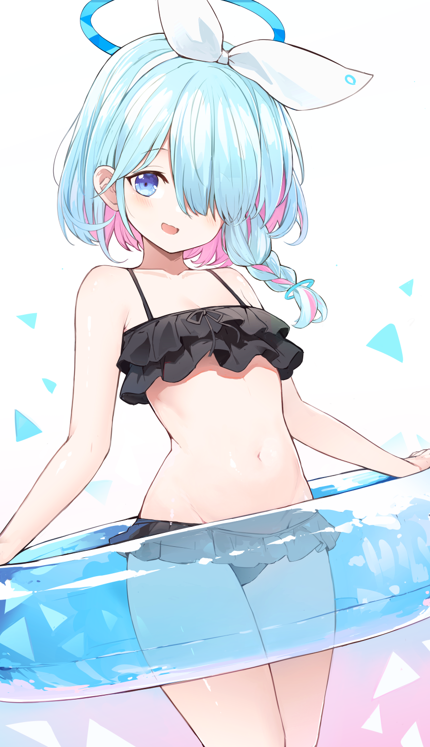1girl arona_(blue_archive) bare_arms bare_shoulders bikini black_bikini blue_archive blue_eyes blue_hair braid flat_chest frilled_bikini frills hair_ribbon halo highres innertube long_hair mou_tama_maru multicolored_hair navel pink_hair ribbon simple_background solo standing stomach swimsuit transparent two-tone_hair white_background white_ribbon