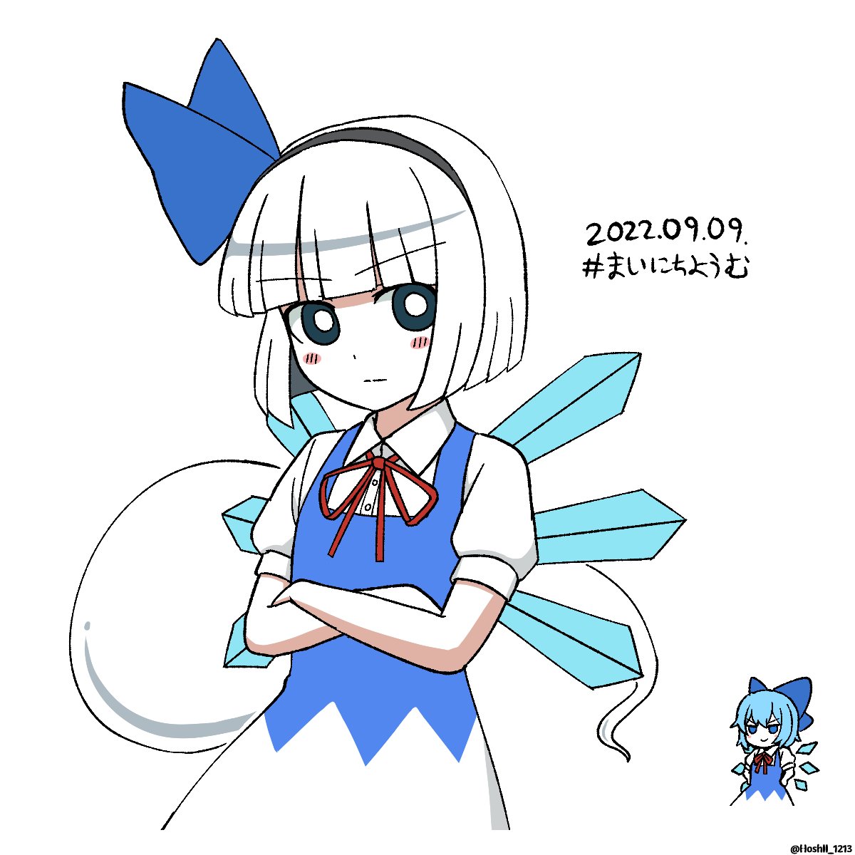 2girls :&gt; bangs black_hairband blue_bow blue_dress blue_eyes blue_hair blunt_bangs bow bright_pupils cirno cirno_(cosplay) collared_shirt cosplay crossed_arms dated dress ghost green_eyes hair_bow hairband hands_on_hips highres hoshii_1213 ice ice_wings konpaku_youmu konpaku_youmu_(ghost) looking_at_viewer multiple_girls pinafore_dress shirt short_hair short_sleeves simple_background solo_focus touhou white_background white_hair white_pupils white_shirt wings