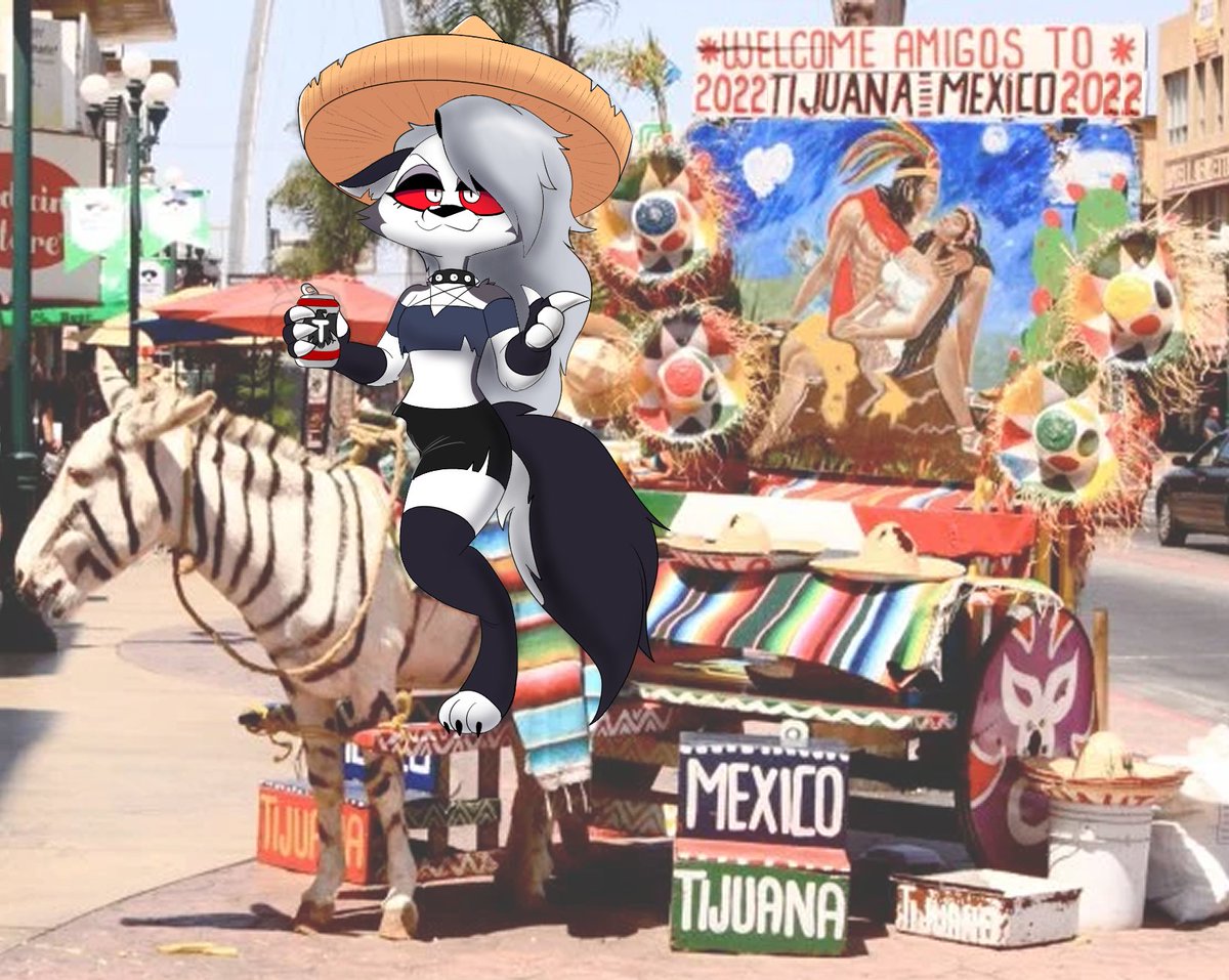2022 alcohol anthro beer behemotoh beverage beverage_can canid canid_demon clothing collar demon female finger_gun gesture hat headgear headwear hellhound helluva_boss horseback loona_(helluva_boss) loona_in_mexico mammal mixed_media photo_background red_sclera sombrero spiked_collar spikes