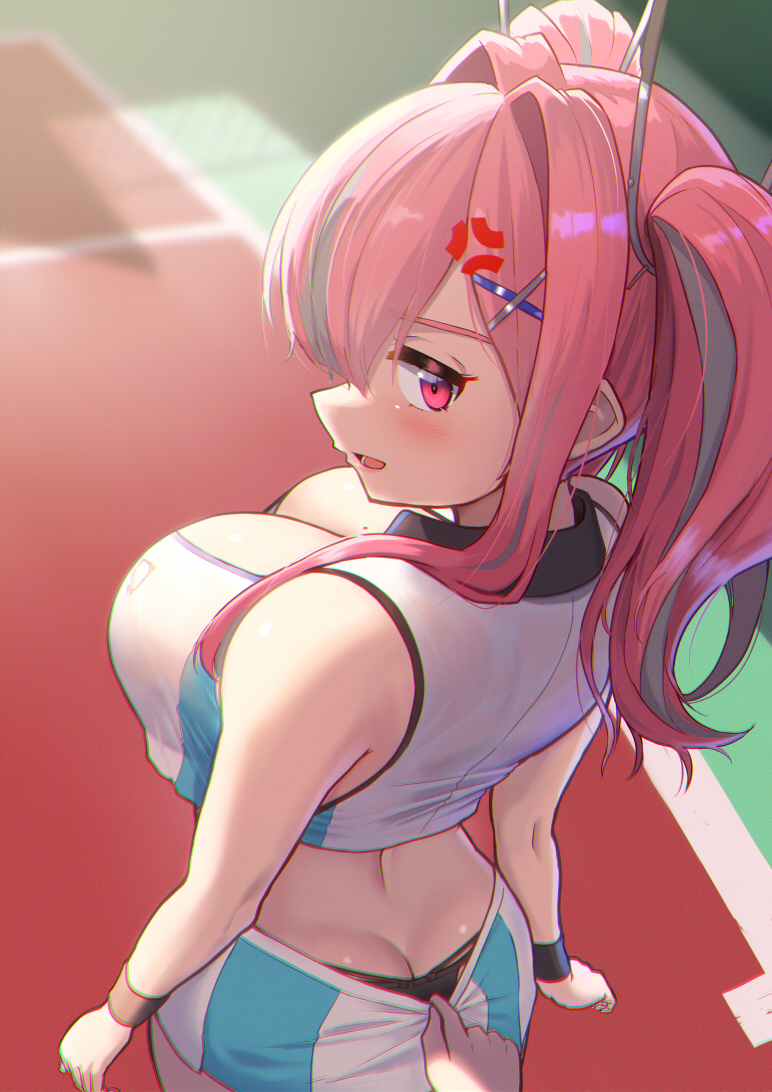 1boy 1girl anger_vein ass azur_lane bare_shoulders black_hair black_panties blue_skirt blush breasts bremerton_(azur_lane) bremerton_(scorching-hot_training)_(azur_lane) cleavage clothes_pull crop_top day from_behind hair_intakes hair_ornament hairclip hetero large_breasts long_hair looking_at_viewer looking_back maku_ro miniskirt mole mole_on_breast multicolored_hair official_alternate_costume open_mouth outdoors panties pink_eyes pink_hair pov pulled_by_another skirt skirt_pull sleeveless solo_focus sweatband twintails two-tone_hair two-tone_skirt underwear white_skirt x_hair_ornament