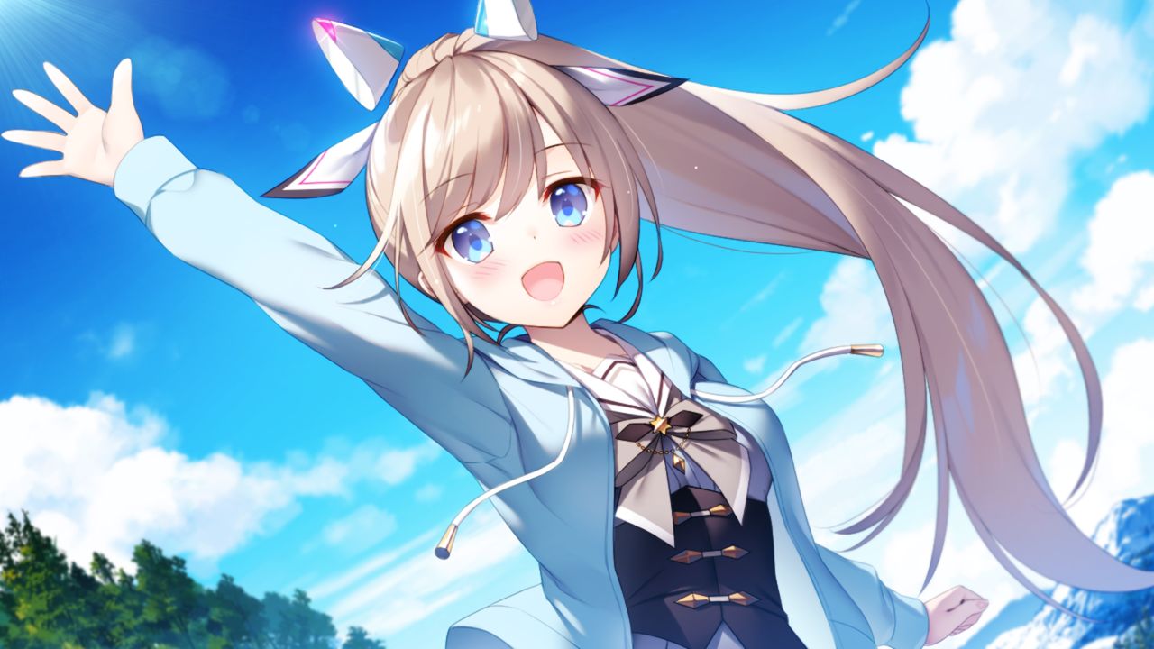 1girl :d ameto_yuki arm_up bangs blue_eyes blue_sky blush bow bowtie cardigan cloud day floating_hair fuyukara_kururu game_cg grey_bow grey_bowtie grey_hair hair_between_eyes hair_bow hood hood_down hooded_cardigan hoshito_chiemi lens_flare long_hair long_sleeves looking_at_viewer open_cardigan open_clothes open_mouth outdoors ponytail shiny shiny_hair sky smile solo sunlight underbust upper_body very_long_hair white_bow
