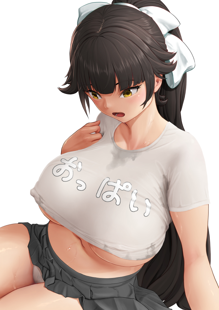 1girl alternate_costume azur_lane bangs black_hair black_skirt blunt_bangs bow breasts brown_eyes clothes_writing covered_nipples crop_top grey_shirt hair_bow hand_on_own_chest kasu_(kasunohikari) large_breasts long_hair looking_away looking_down miniskirt no_bra panties pantyshot shirt short_sleeves simple_background sitting skirt solo sweat takao_(azur_lane) translation_request underboob underwear upskirt very_long_hair wet wet_clothes wet_shirt white_background white_bow white_panties