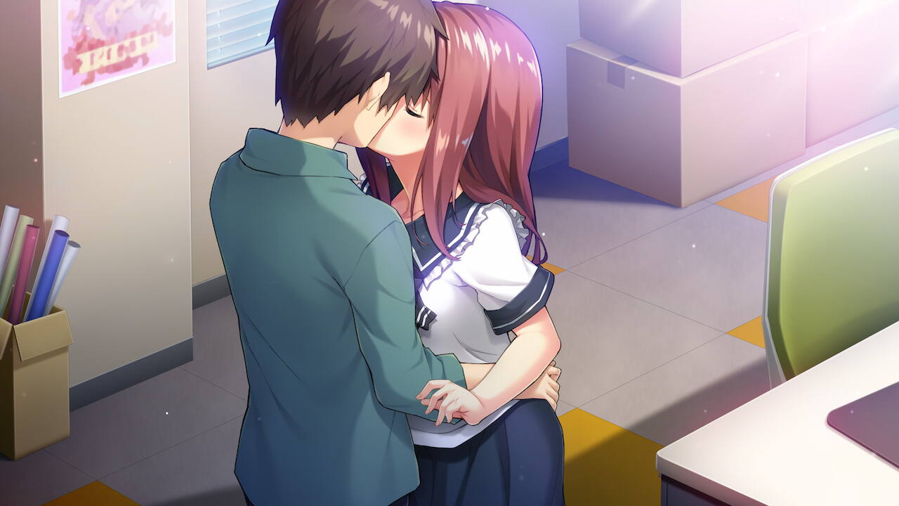 1boy 1girl alpha_(yukai_na_nakamatachi) aqua_shirt black_sailor_collar blue_skirt blush brown_hair character_request closed_eyes collarbone collared_shirt couple frilled_sailor_collar frills game_cg hetero indoors kiss long_hair sailor_collar sailor_shirt shiny shiny_hair shirt short_hair short_shorts short_sleeves shorts skirt sleeveless sleeveless_shirt sousaku_kanojo_no_renai_koushiki white_shirt