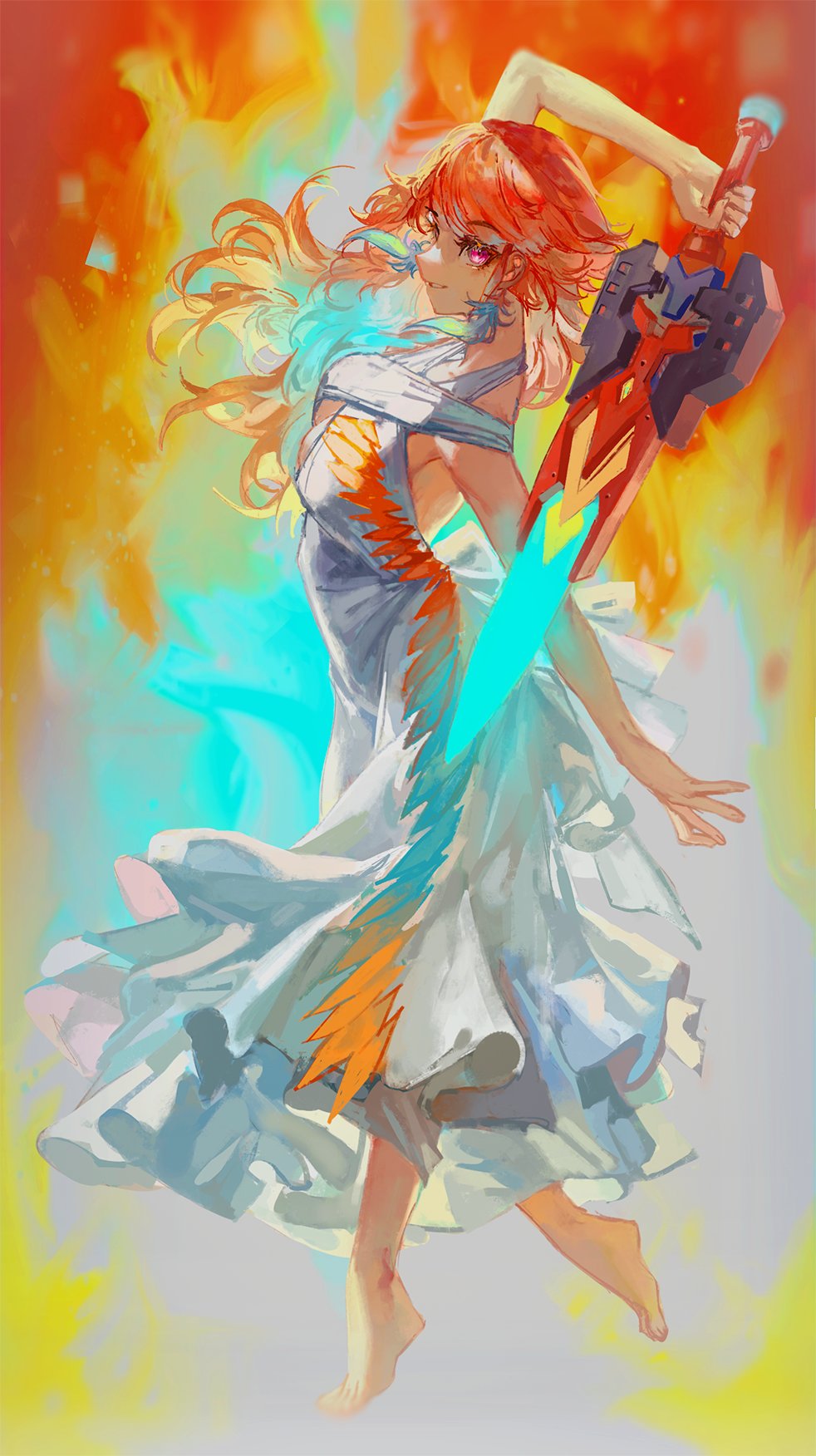 1girl alternate_costume barefoot dress earrings feather_earrings feathers fire green_hair highres holding holding_sword holding_weapon hololive hololive_english jewelry long_hair looking_at_viewer multicolored_hair orange_hair purple_eyes quasarcake sideways_glance solo sword takanashi_kiara virtual_youtuber weapon white_dress