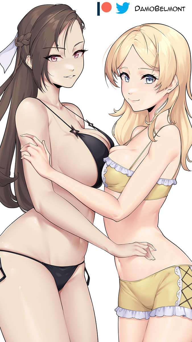 2girls alternate_costume alternate_hairstyle asymmetrical_docking bare_arms bare_shoulders bikini black_bikini blonde_hair blue_eyes braid breast_press breasts brown_hair cleavage commentary cowboy_shot crown_braid damodar english_commentary fire_emblem fire_emblem_awakening fire_emblem_fates grin hair_down highres kagero_(fire_emblem) large_breasts lissa_(fire_emblem) long_hair looking_at_viewer medium_breasts multiple_girls navel parted_lips purple_eyes short_shorts shorts side-tie_bikini_bottom simple_background smile standing stomach swimsuit thighs very_long_hair white_background yellow_bikini yellow_shorts