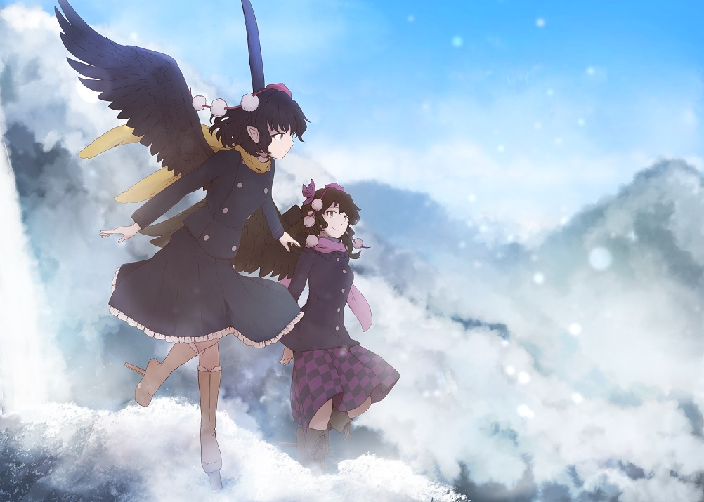 2girls alternate_costume bird_wings black_hair black_jacket black_skirt black_wings boots brown_footwear brown_hair brown_wings checkered_clothes checkered_skirt closed_mouth commentary_request feathered_wings frilled_skirt frills geta happy hat himekaidou_hatate jacket kakera_(comona_base) long_sleeves mountain multiple_girls pointy_ears pom_pom_(clothes) purple_headwear purple_jacket purple_scarf purple_sleeves red_headwear scarf shameimaru_aya skirt smile tengu-geta tokin_hat touhou twintails wings yellow_scarf