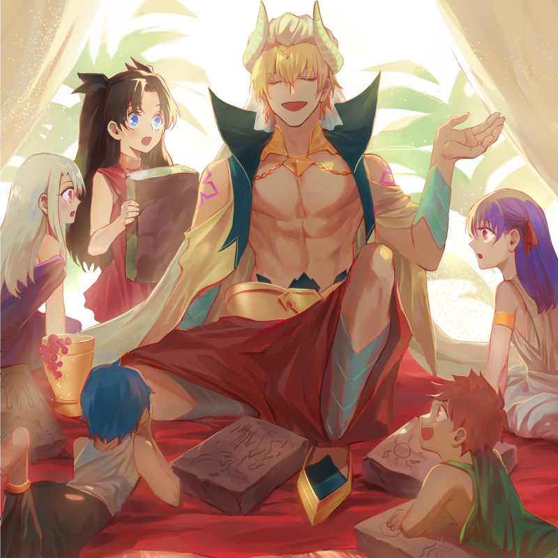 3girls :d aged_down arabian_clothes arm_tattoo armlet blackirish1988 blue_eyes blue_hair closed_eyes cropped_vest cup dress emiya_shirou fake_horns fate/grand_order fate_(series) gilgamesh_(caster)_(fate) gilgamesh_(fate) green_shirt horned_headwear horns illyasviel_von_einzbern matou_sakura matou_shinji multiple_girls muscular muscular_male pink_eyes purple_dress purple_hair red_dress red_hair shirt sitting smile stone_tablet tattoo tohsaka_rin turban vest white_dress white_hair white_shirt