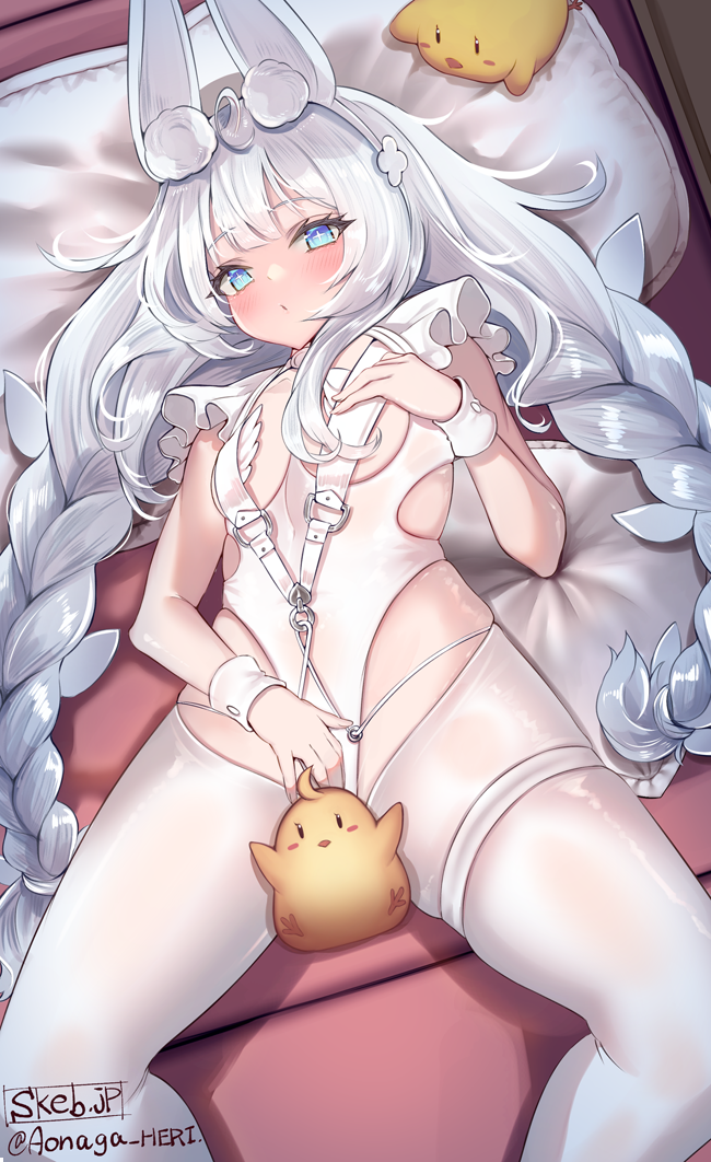 1girl animal_ear_fluff animal_ears aonaga_heri azur_lane bare_arms belt between_legs blue_eyes blush braid braided_ponytail breasts clothing_cutout cloud clover_hair_ornament commission cross-shaped_pupils crotchless crotchless_pantyhose frills hair_ornament hand_on_own_chest hand_on_own_crotch head_on_pillow le_malin_(azur_lane) le_malin_(listless_lapin)_(azur_lane) leotard long_hair looking_at_viewer lying manjuu_(azur_lane) official_alternate_costume on_back on_bed pantyhose rabbit_girl rabbit_tail revealing_clothes skeb_commission skindentation small_breasts solo tail thigh_strap twin_braids twitter_username very_long_hair white_belt white_leotard white_pantyhose wrist_cuffs