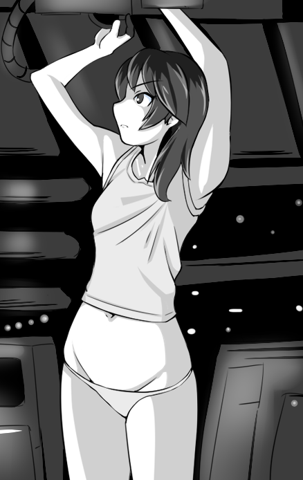 1girl alien_(movie) alternate_headwear arms_up bangs closed_mouth commentary cosplay cowboy_shot ellen_ripley ellen_ripley_(cosplay) frown girls_und_panzer greyscale groin indoors kawanishi_shinobu looking_to_the_side lowleg lowleg_panties medium_hair monochrome navel panties solo standing tanaka_rikimaru tank_top underwear