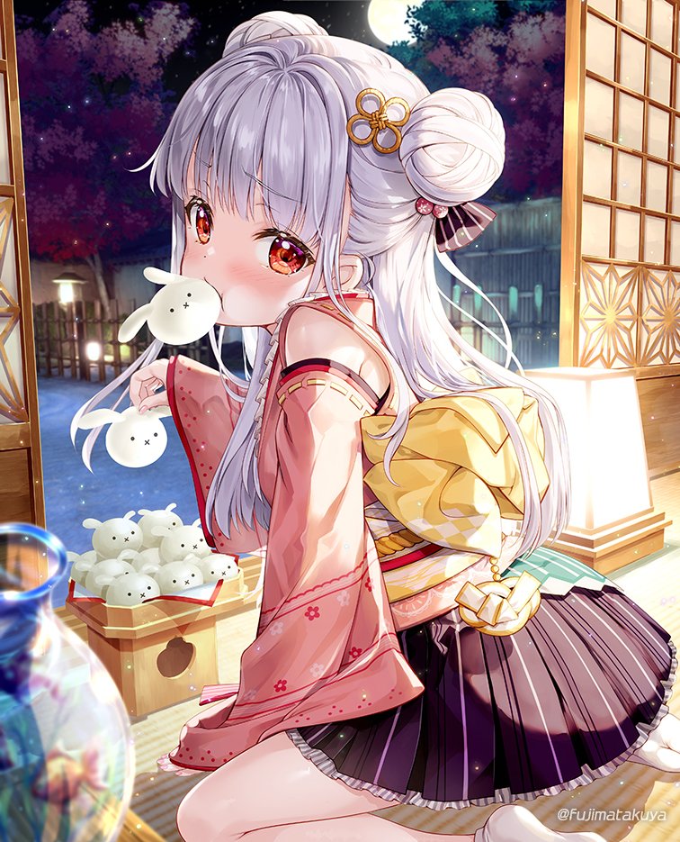 1girl black_skirt blurry blurry_foreground bow commentary_request depth_of_field detached_sleeves double_bun eating food food_in_mouth frilled_skirt frills from_side fujima_takuya full_moon grey_hair hair_bun holding holding_food indoors isekai_ni_tobasaretara_papa_ni_nattandaga japanese_clothes kimono long_hair long_sleeves looking_at_viewer looking_to_the_side moon mouth_hold no_shoes obi orurea_(isepapa) pink_kimono pink_sleeves pleated_skirt red_eyes ribbon-trimmed_sleeves ribbon_trim sash skirt sleeveless sleeveless_kimono sleeves_past_wrists socks soles solo tabi twitter_username very_long_hair white_socks wide_sleeves yellow_bow