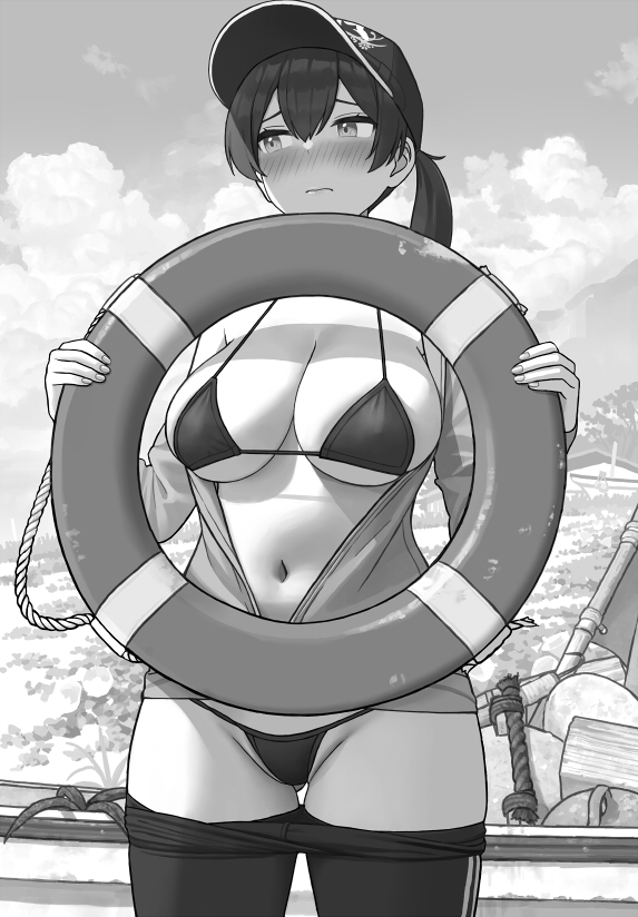 1girl alternate_costume ass_visible_through_thighs baseball_cap bikini bikini_under_clothes blush boat breasts cleavage closed_mouth clothes_pull cloud cowboy_shot day embarrassed frown greyscale groin hat holding jacket kaga_(kancolle) kantai_collection large_breasts lifebuoy long_hair long_sleeves looking_away looking_to_the_side monochrome nose_blush open_clothes open_jacket outdoors pants pants_pull ponytail shijukara_(great_tit) sky solo swimsuit watercraft