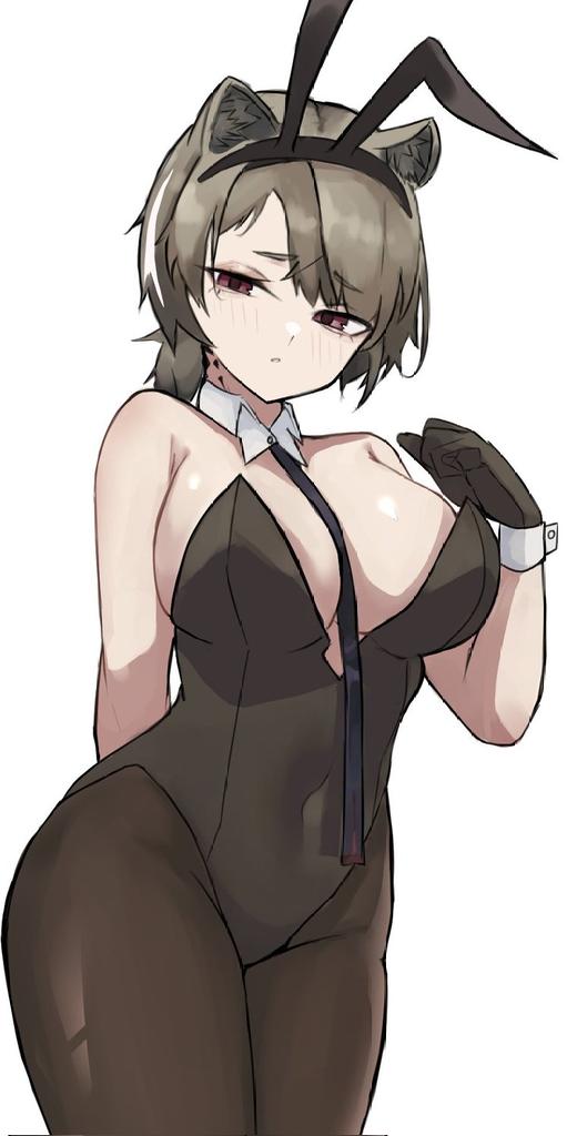 1girl absinthe_(arknights) animal_ears arknights bear_ears between_breasts breasts brown_eyes brown_gloves brown_hair bunny_day covered_navel fake_animal_ears gloves large_breasts pantyhose playboy_bunny rabbit_ears unknownnoname0 white_background