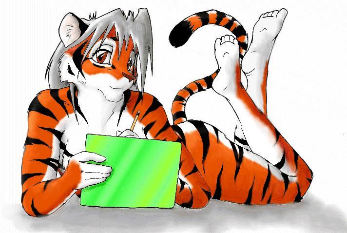 2003 5_fingers 5_toes anthro barefoot clipboard covering covering_breasts drawing feet felid female fingers hair k'sharra ksharra lying mammal nude on_front pantherine pencil_(object) silver_hair solo striped_body stripes tiger toes traditional_media_(artwork)