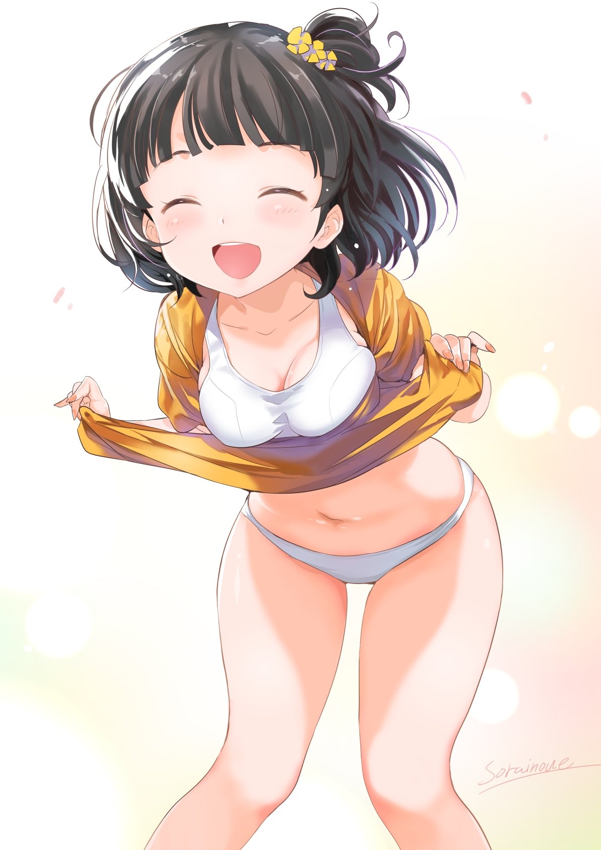 1girl black_hair breasts cleavage closed_eyes commentary_request flower hair_flower hair_ornament highres idolmaster idolmaster_million_live! inoue_sora looking_at_viewer midriff nakatani_iku navel one_side_up open_mouth panties short_ponytail short_sleeves smile solo speech_bubble sports_bra sweat underwear white_panties
