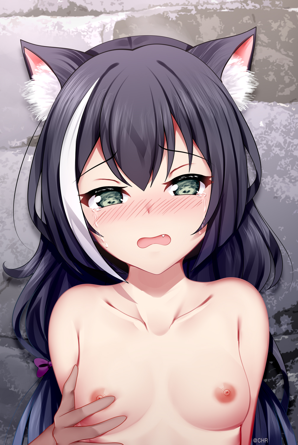 1girl animal_ear_fluff animal_ears bangs black_hair blush bow breasts cat_ears chrisandita collarbone embarrassed fang green_eyes hair_between_eyes hair_bow highres karyl_(princess_connect!) long_hair looking_at_viewer multicolored_hair nipples open_mouth princess_connect! purple_bow shiny shiny_hair small_breasts solo_focus streaked_hair tears two-tone_hair upper_body wavy_mouth white_hair