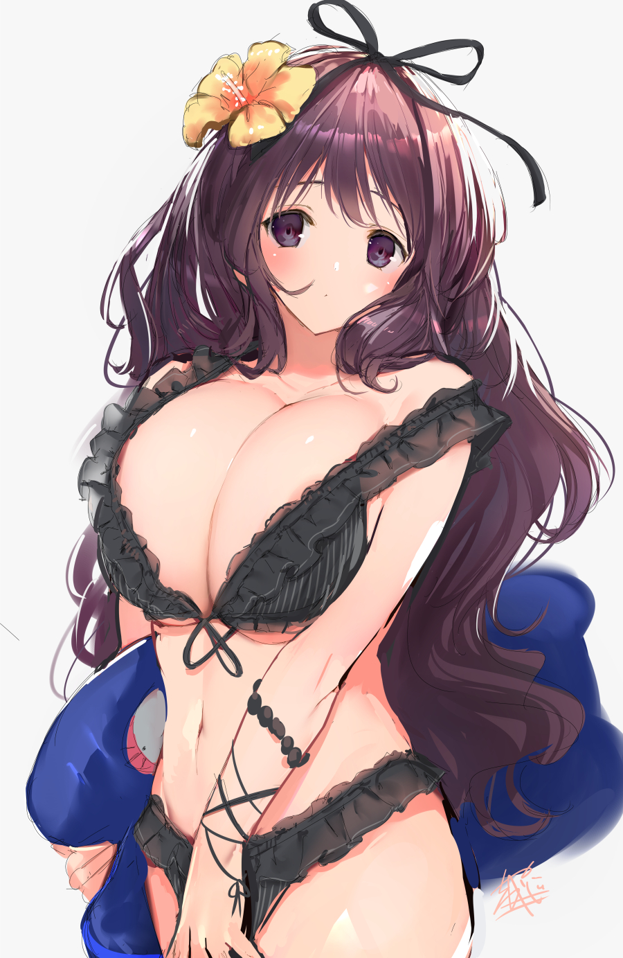 1girl bangs bikini black_bikini breasts brown_eyes brown_hair cleavage collarbone commentary_request cowboy_shot flower frilled_bikini frills hair_flower hair_ornament hair_ribbon highres huge_breasts kickboard long_hair looking_at_viewer murasaki_(senran_kagura) navel purple_theme ribbon senran_kagura senran_kagura_estival_versus senran_kagura_shinovi_versus signature simple_background solo swimsuit very_long_hair white_background yaegashi_nan