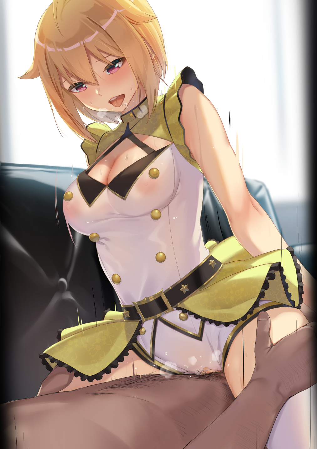 1boy 1girl akino_komichi bangs bare_arms belt belt_buckle black_belt blonde_hair blurry blurry_background blush breasts buckle buttons cleavage cleavage_cutout clothed_female_nude_male clothed_sex clothing_cutout commentary_request couch covered_nipples cowboy_shot cowgirl_position deep_penetration drooling girl_on_top hair_between_eyes hair_flaps hands_on_another's_thighs heavy_breathing hetero highres ibuki_tsubasa idolmaster idolmaster_million_live! idolmaster_million_live!_theater_days indoors large_breasts looking_at_another looking_down male_pubic_hair nipples nude on_couch open_mouth overskirt pink_eyes pubic_hair saliva see-through sex shirt short_hair short_shorts shorts skirt sleeveless sleeveless_shirt smile solo_focus speed_lines star_(symbol) steaming_body straddling sweat teeth thighhighs tongue tongue_out top!_clover_(idolmaster) torn_clothes torn_shorts two-tone_shirt upper_teeth vaginal wet wet_clothes wet_shirt white_shirt white_shorts white_thighhighs window yellow_shirt yellow_skirt