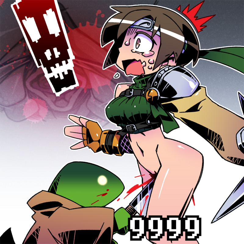 armor asymmetrical_legwear blood bottomless breasts brown_hair cannsk chest_strap clitoris_torture crop_top damage_numbers feet_out_of_frame final_fantasy final_fantasy_vii fingerless_gloves gloves green_shirt guro headband injury knife midriff open_mouth orange_gloves revision ryona shirt skull surprised sweat tears tonberry wide-eyed yuffie_kisaragi