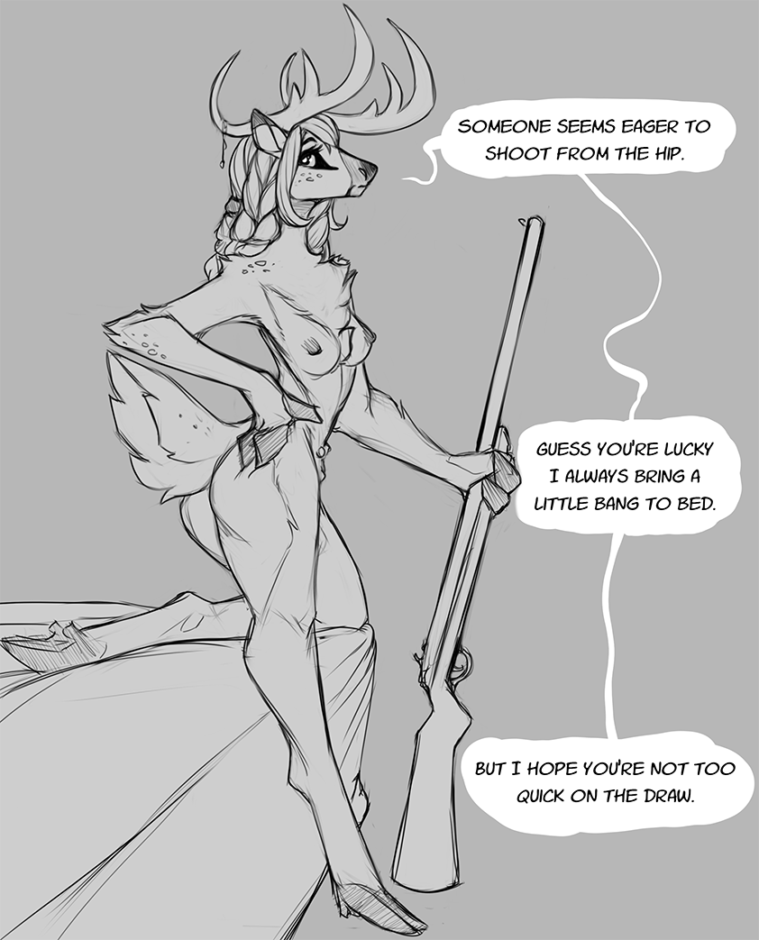 anthro antlers bed breasts cervid dialogue eliza_(sharkrags) english_text female furniture gun hand_on_hip horn hunting_rifle looking_at_viewer mammal ranged_weapon solo speech_bubble talking_to_viewer text watsup weapon