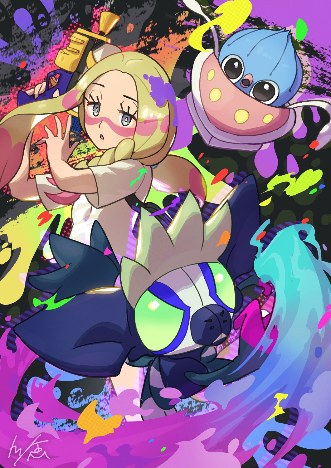 1girl :o blonde_hair bright_pupils commentary_request facepaint grafaiai grey_eyes highres holding holding_weapon inkay long_hair looking_at_viewer mina_(pokemon) open_mouth paint pokemon pokemon_(creature) pokemon_(game) pokemon_sm shirt short_sleeves tom_(pixiv10026189) weapon white_shirt