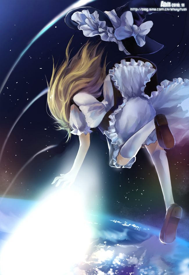 bad_id bad_pixiv_id blonde_hair bloomers earth hat hat_removed headwear_removed kirisame_marisa long_hair master_spark orbit planet shuiyituzi solo space touhou underwear witch_hat