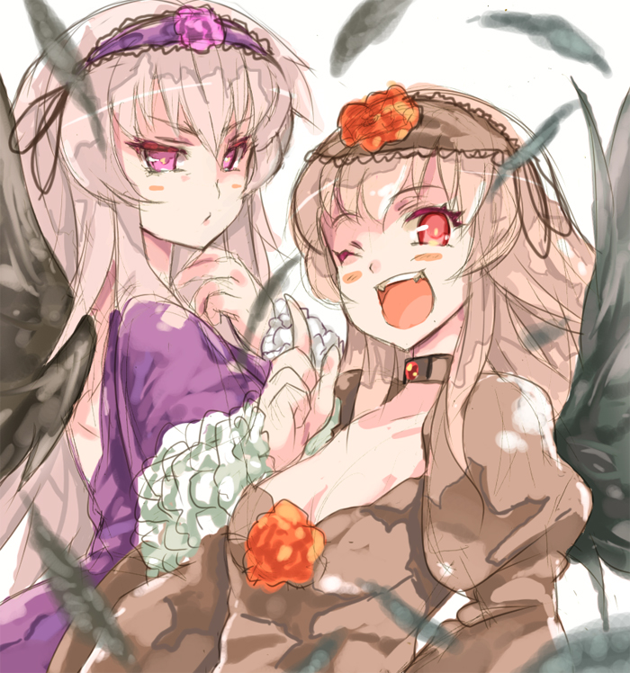 :d alternate_color bad_id bad_pixiv_id blush dress dual_persona fang feathers flower frills hairband index_finger_raised long_hair multiple_girls one_eye_closed open_mouth pink_eyes purple_flower purple_rose red_eyes red_flower red_rose rose rozen_maiden sketch smile suigintou umitsuki white_hair wings