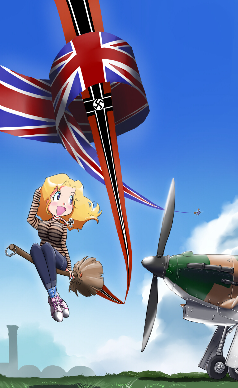 aircraft airplane broom broom_riding commentary flag flying highres hurricane_(airplane) illusion inui_(jt1116) iron_cross medal military multiple_girls original parody shoes sidesaddle sneakers swastika union_jack witch world_war_ii