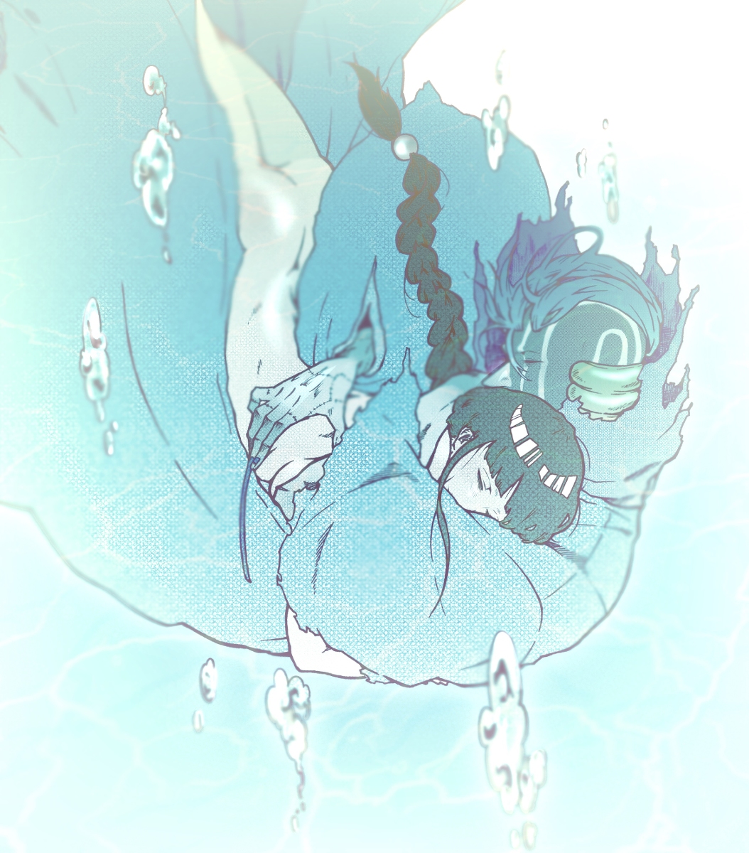 1boy 1girl black_cloak bleach blue_hair bubble cloak closed_eyes facepaint fingernails highres hug kurotsuchi_mayuri kurotsuchi_nemu long_fingernails moo0n_k nail_polish nude ponytail sinking stitched_hand underwater