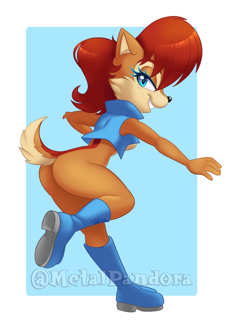 anthro archie_comics black_nose blue_background blue_boots blue_clothing blue_eyes blue_footwear blue_topwear blue_vest boots breasts brown_body brown_fur butt cheek_tuft chipmunk clothed clothing digital_media_(artwork) ears_back eyelashes facial_tuft female footwear fur glistening glistening_eyes ground_squirrel hair humanoid_hands looking_aside looking_at_viewer mammal metalpandora multicolored_body multicolored_fur one_leg_up partially_clothed pivoted_ears raised_leg red_body red_fur red_hair rodent sally_acorn sciurid scut_tail sega short_hair short_tail showing_teeth side_view simple_background smile smiling_at_viewer solo sonic_the_hedgehog_(archie) sonic_the_hedgehog_(comics) sonic_the_hedgehog_(series) thick_thighs topwear tuft vest white_background