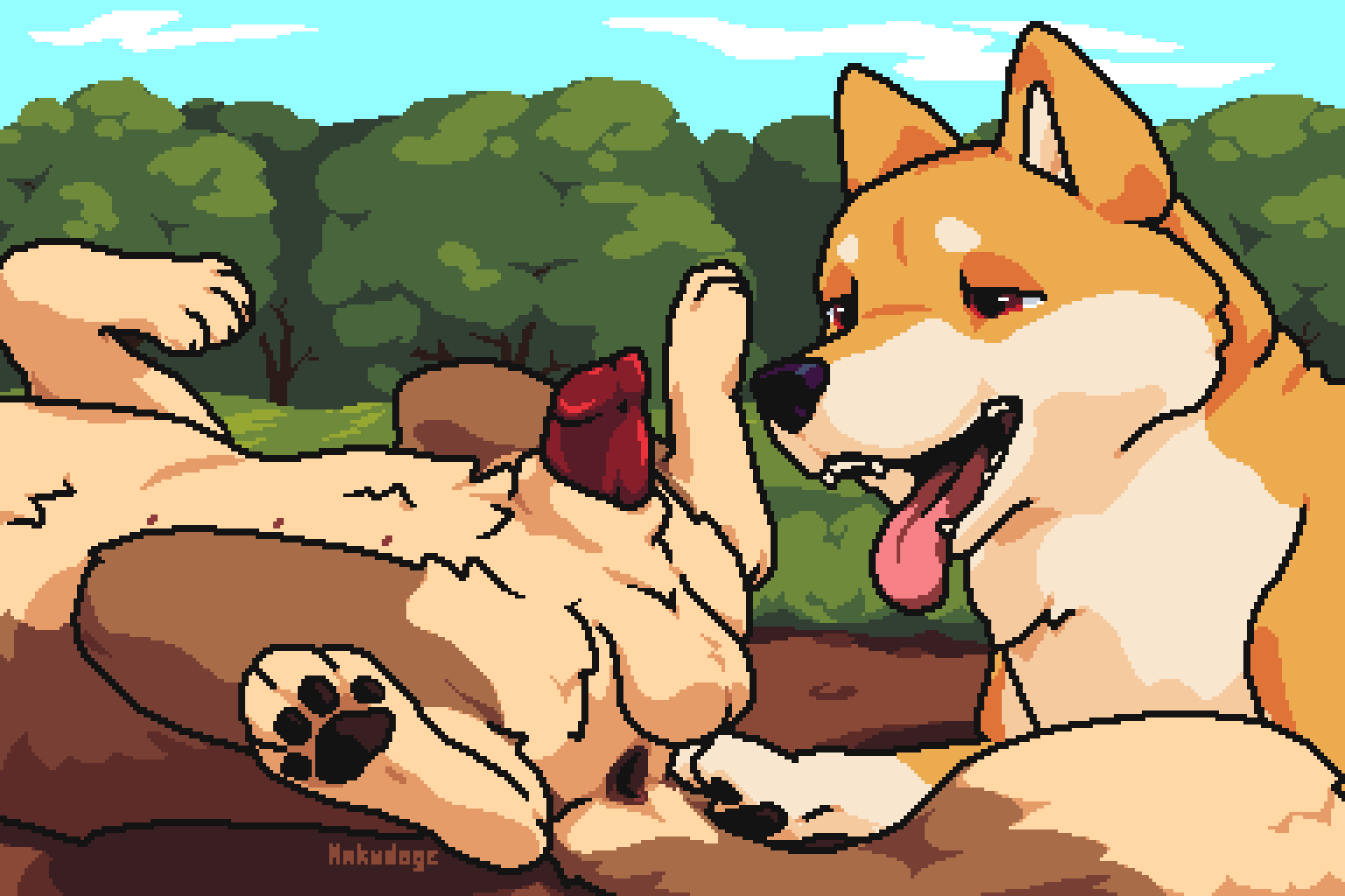 anatomically_correct anatomically_correct_genitalia anatomically_correct_penis animal_genitalia animal_penis anus balls brown_body brown_fur butt canid canine canine_penis canis detailed_background digital_media_(artwork) dipstick_tail domestic_dog duo feral field fur genitals haku_(hdoge) hdoge_(artist) looking_at_genitalia looking_at_penis lying male male/male mammal markings multicolored_body multicolored_fur nipples on_back open_mouth orange_body orange_fur outside pawpads paws penis pixel_(artwork) plant red_eyes sheath shiba_inu spitz tail_markings tongue tongue_out tree two_tone_body two_tone_fur whiskey_(hdoge)