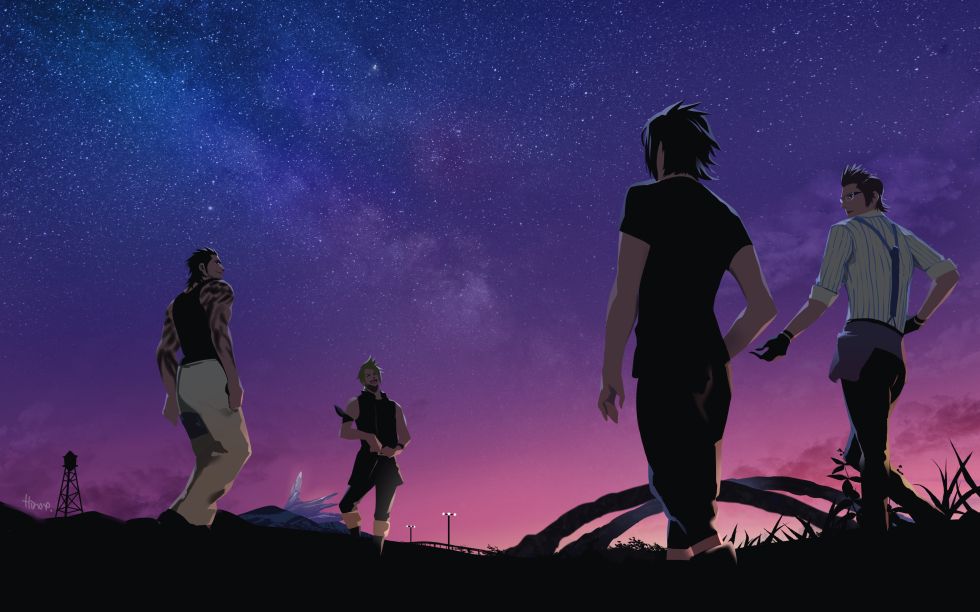 4boys arm_ribbon arm_tattoo artist_name black_hair black_pants black_shirt blonde_hair brown_hair facing_away final_fantasy final_fantasy_xv gladiolus_amicitia glasses gloves grass hair_slicked_back hand_on_hip hinoe_(dd_works) ignis_scientia lamppost male_focus medium_hair multiple_boys night night_sky noctis_lucis_caelum outdoors pants pinstripe_pattern pinstripe_shirt prompto_argentum ribbon shirt short_hair sideburns sky sleeveless sleeveless_shirt sleeves_rolled_up spiked_hair standing star_(sky) starry_sky striped suspenders t-shirt tattoo walking white_pants