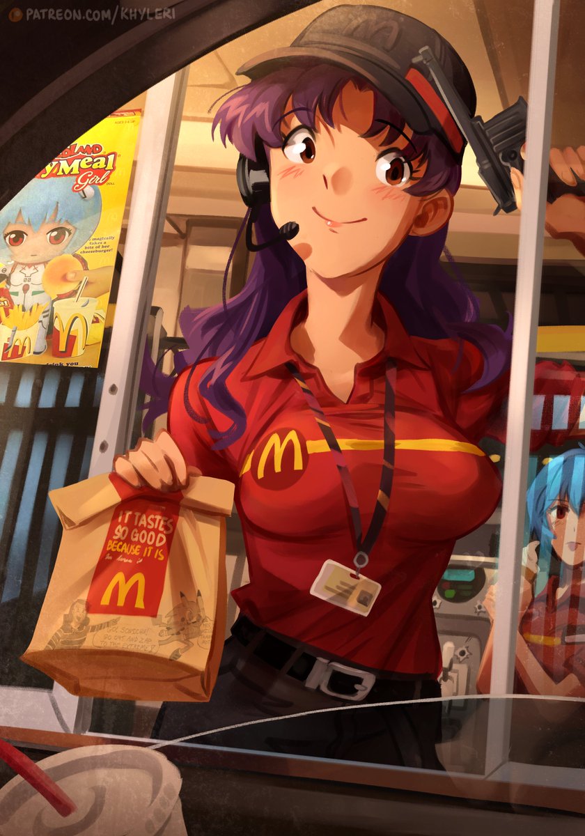 2girls ayanami_rei bag belt black_belt black_headwear blue_hair bolt_action breasts brown_eyes burger chris-chan commentary drink drive-thru english_commentary english_text food french_fries gun handgun hat headset highres holding holding_bag holding_food holding_gun holding_weapon ice_cream katsuragi_misato khyle. looking_at_viewer mauser_98 mcdonald's multiple_girls neon_genesis_evangelion purple_hair red_eyes rifle smile sonichu tongue tongue_out weapon when_you_see_it