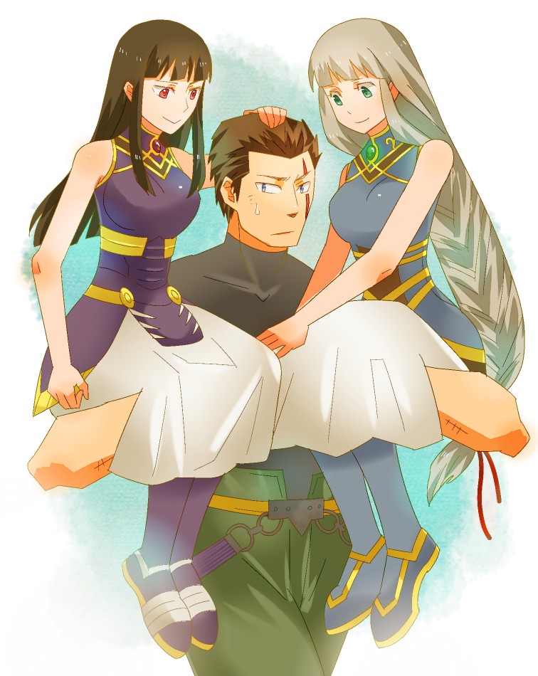 1boy 2girls armor armored_dress arngrim bangs black_hair blue_armor blue_eyes braid brown_hair grey_hair hrist_valkyrie lenneth_valkyrie long_hair multiple_girls red_eyes siblings sisters sitting_on_arm tomo_(yukimikan) valkyrie_profile