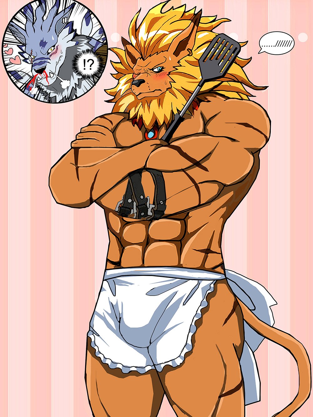 apron bandai_namco beard bearlovestiger13 blonde_hair blood blue_eyes blush bodily_fluids bulge clothed clothing digimon digimon_(species) duo ear_piercing facial_hair hair hi_res leomon male male/male mane muscular nosebleed piercing scar spatula tools topless weregarurumon