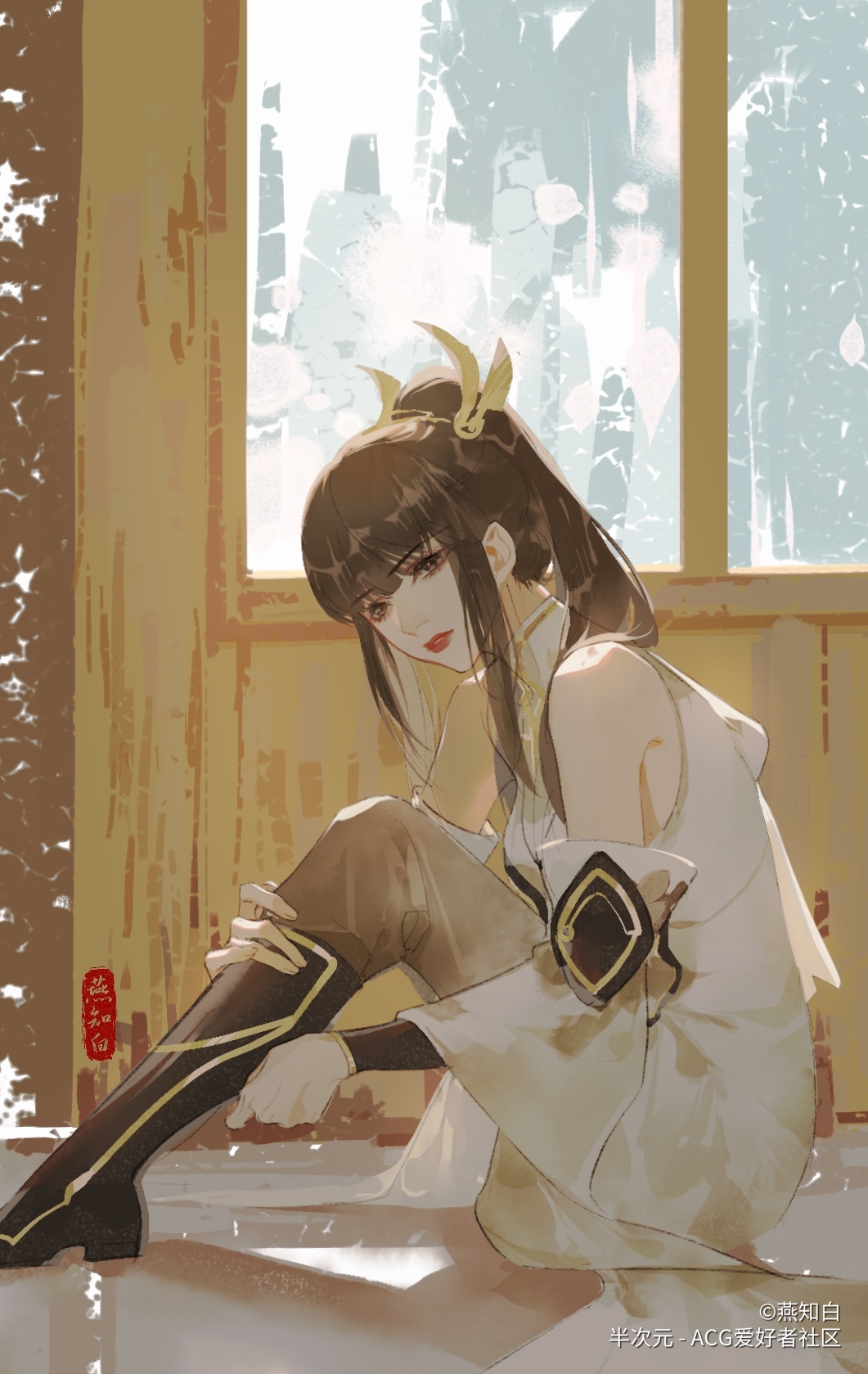 1girl backlighting boots brown_hair closed_mouth detached_sleeves dress floor from_side hair_ornament hand_on_leg high_heel_boots high_heels highres medium_hair painting_(medium) ponytail shiny shiny_hair sitting solo traditional_media wangzhe_rongyao white_dress window yanzhi_bai