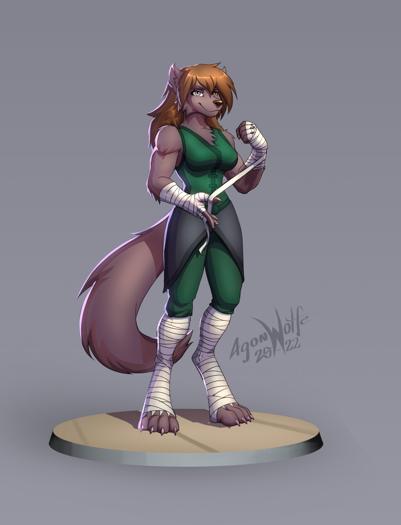 2022 anthro breasts brown_body brown_eyes brown_fur brown_hair canid canine canis chest_tuft clothing digitigrade eyebrows faogwolf female fur glistening glistening_hair hair hand_wraps heterochromia inner_ear_fluff keidran leg_wraps long_hair mammal natani shoulder_tuft silver_eyes solo tuft twokinds webcomic wolf wraps