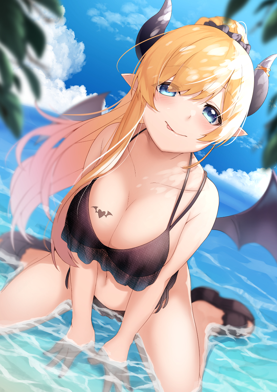 1girl :p all_fours arm_support arms_between_legs bangs bikini black_bikini black_horns black_scrunchie blonde_hair breast_tattoo breasts cleavage commentary demon_girl demon_horns demon_wings enatsu hair_ornament hair_scrunchie highres hololive horns large_breasts leaning_forward licking_lips long_hair looking_at_viewer pointy_ears ponytail sandals scrunchie solo string_bikini swept_bangs swimsuit tattoo tongue tongue_out virtual_youtuber wings yuzuki_choco