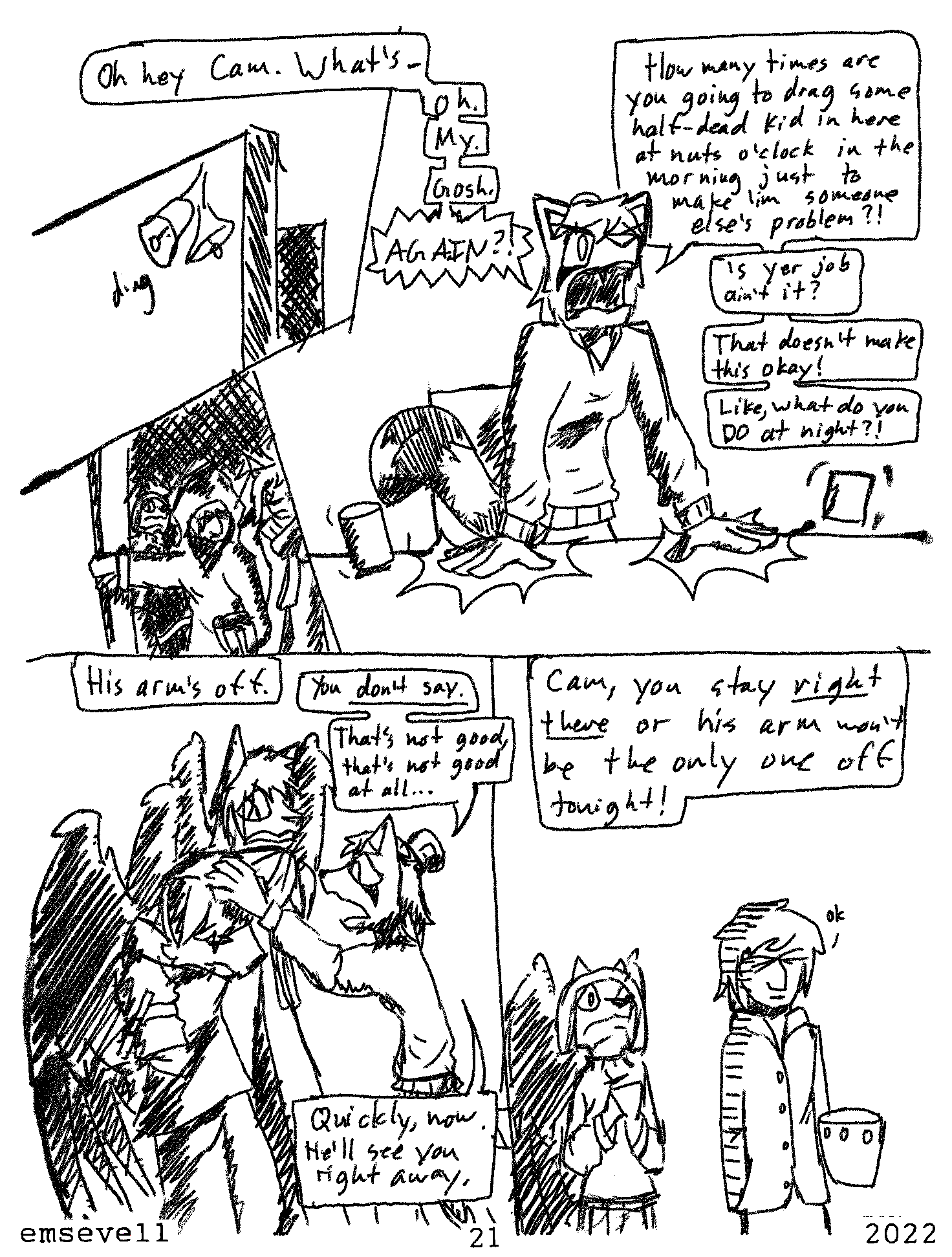 ailurid ambiguous_gender angry bell black_and_white cameron_cress canid canine canis comic container emsevell english_text eyes_closed feathered_wings feathers felid feline female hand_on_head hi_res hood jackal male mammal missing_arm monochrome page_number red_panda text wide_eyed wings wolf wounded