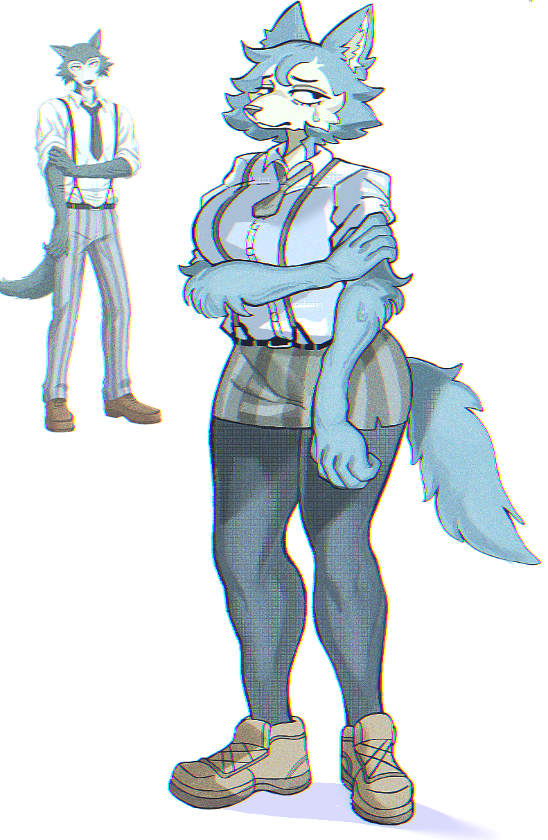 anthro beastars big_breasts black_clothing bodily_fluids breasts brown_clothing canid canine canis clothing crossgender female fluffy fur grey_body grey_fur grey_hair grey_tail hair hi_res legoshi_(beastars) looking_away mammal solo sweat white_body white_clothing white_fur wolf wolfertinger