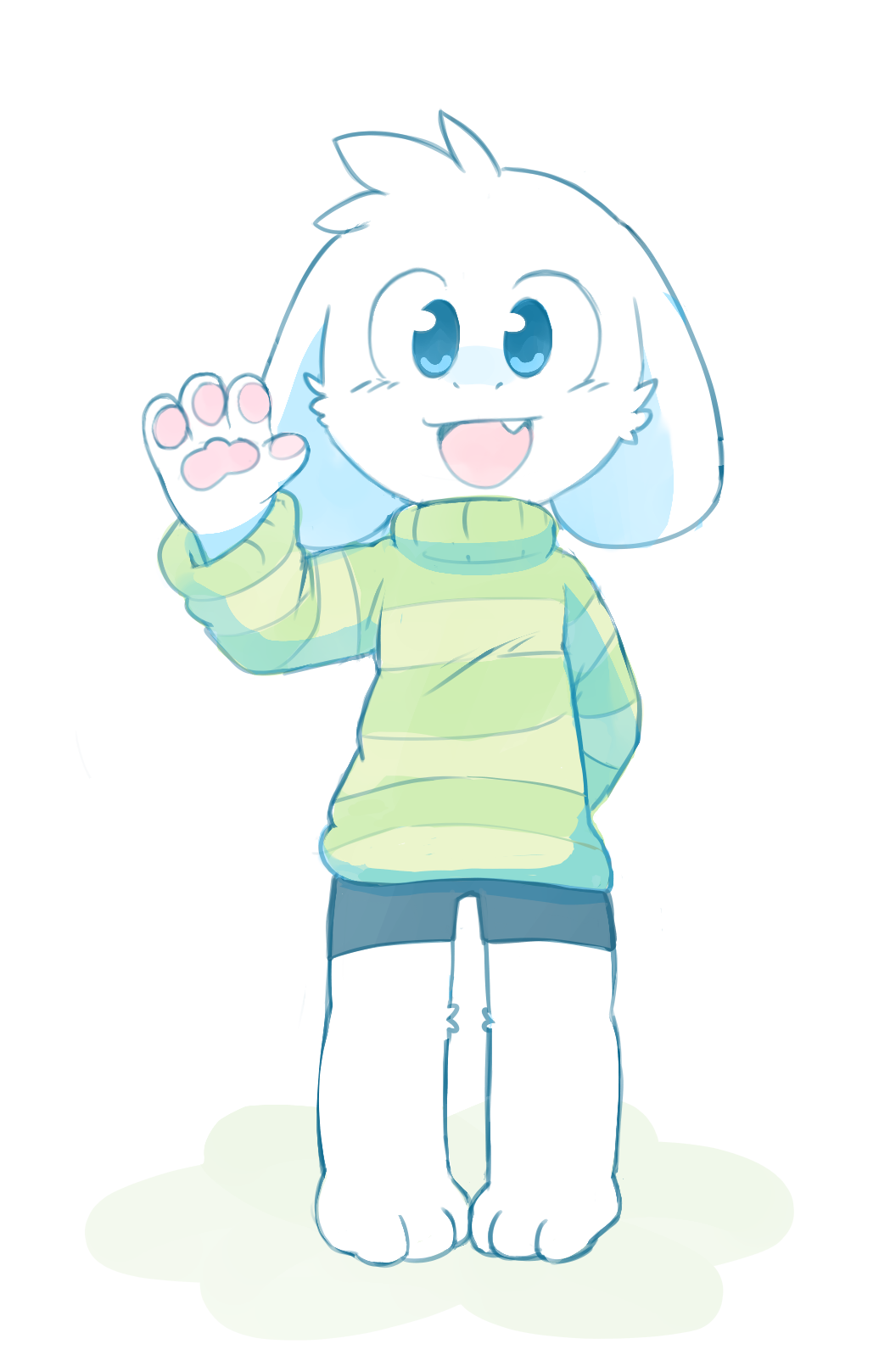 anthro asriel_dreemurr blue_eyes boss_monster bottomwear bovid caprine cheek_tuft clothing cute_fangs facial_tuft full-length_portrait fur gesture goat hand_behind_back happy hi_res male mammal oob pawpads portrait shorts simple_background smile snaggle_tooth solo sweater topwear tuft undertale undertale_(series) video_games waving white_background white_body white_fur young