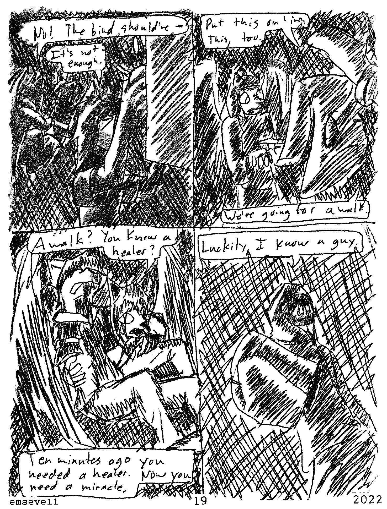 ambiguous_gender anthro black_and_white cameron_cress canid canine canis clothing coat comic container emsevell english_text eyes_closed feathered_wings feathers felid feline handwear hi_res hood hooded human jackal male mammal missing_arm mittens monochrome page_number sidni_(emsevell) sketch text topwear tourniquet wings wolf wounded