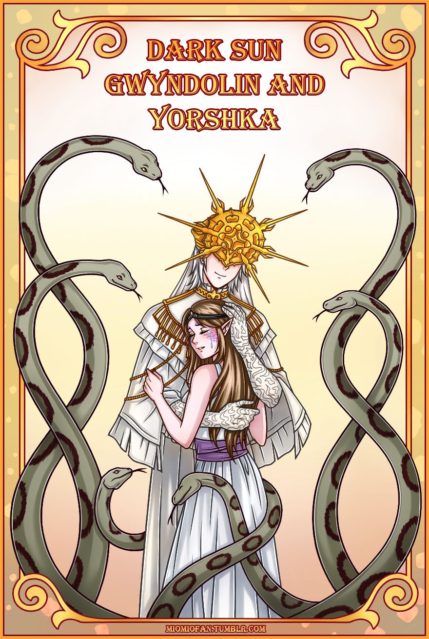 1boy 1girl bare_shoulders blush brown_hair closed_eyes closed_mouth company_captain_yorshka covered_eyes crown dark_souls_(series) dark_souls_i dark_sun_gwyndolin dress facing_viewer highres hug kamoen long_hair pointy_ears robe smile snake white_dress