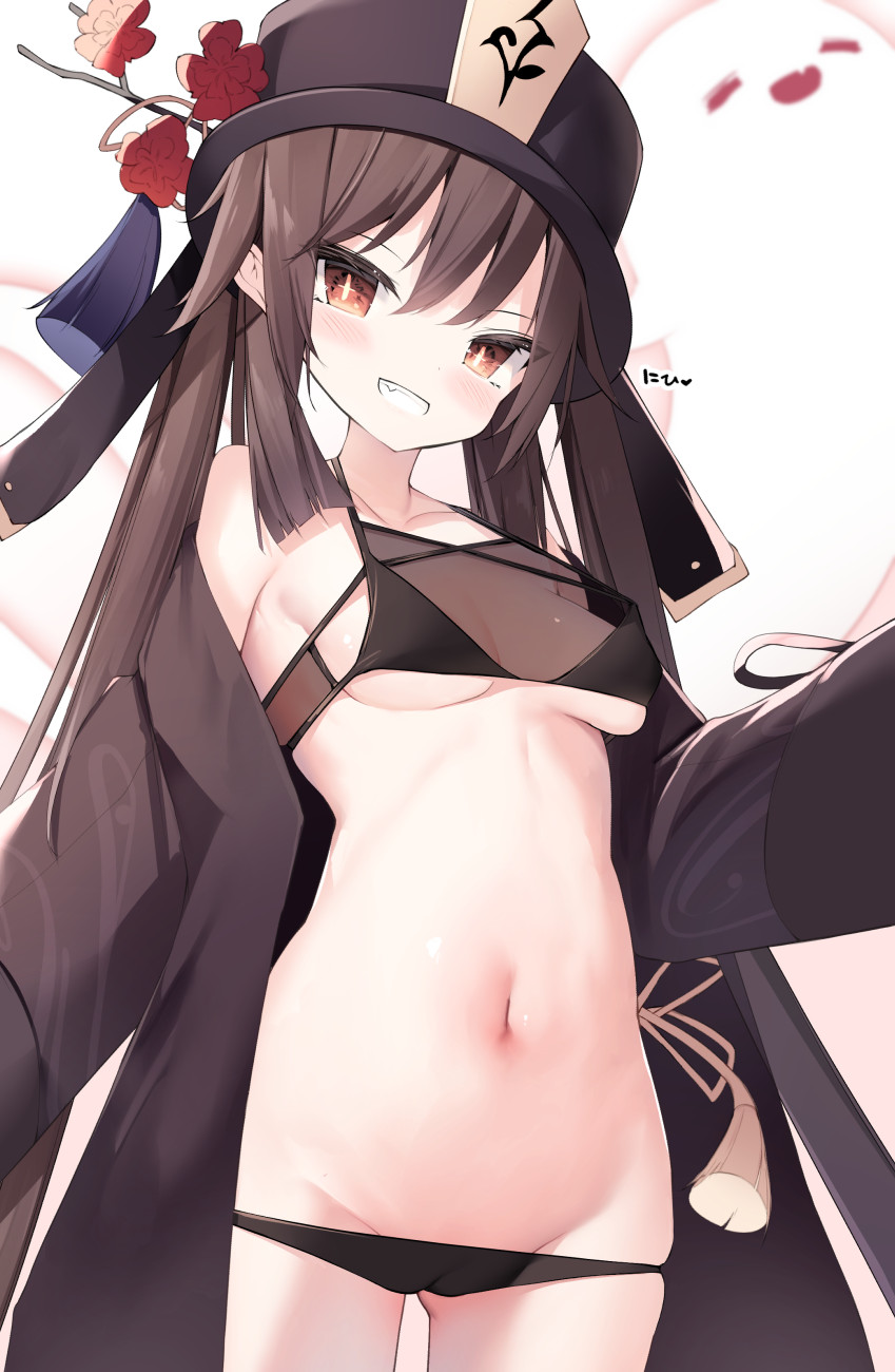 +_+ 1girl :d ass_visible_through_thighs bare_shoulders bikini bikini_pull black_bikini black_headwear blush breasts brown_hair cisyo clothes_pull collarbone cow genshin_impact ghost grin hat highres hu_tao_(genshin_impact) long_hair long_sleeves navel off_shoulder open_clothes parted_lips red_eyes see-through small_breasts smile solo stomach swimsuit translation_request twintails underboob very_long_hair