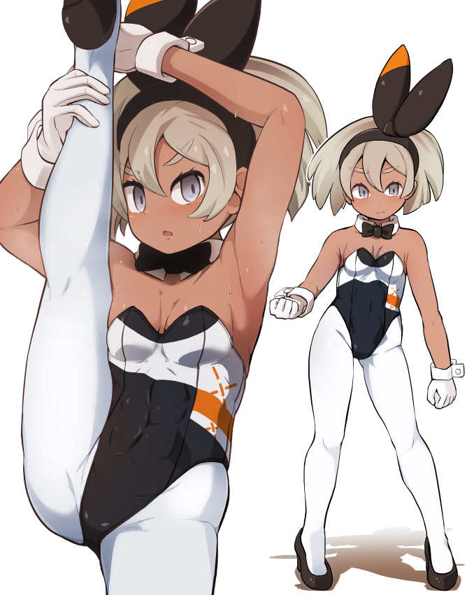 1girl adapted_costume armpits bangs bea_(pokemon) black_leotard blonde_hair bow_hairband breasts cleavage clenched_hands closed_mouth commentary_request covered_abs dark_skin detached_collar eyelashes frown garoudo_(kadouhan'i) gloves grey_eyes hair_between_eyes hairband high_heels leg_hold leotard looking_at_viewer multiple_views pantyhose playboy_bunny pokemon pokemon_(game) pokemon_swsh short_hair split standing standing_on_one_leg standing_split steam sweat white_gloves white_pantyhose