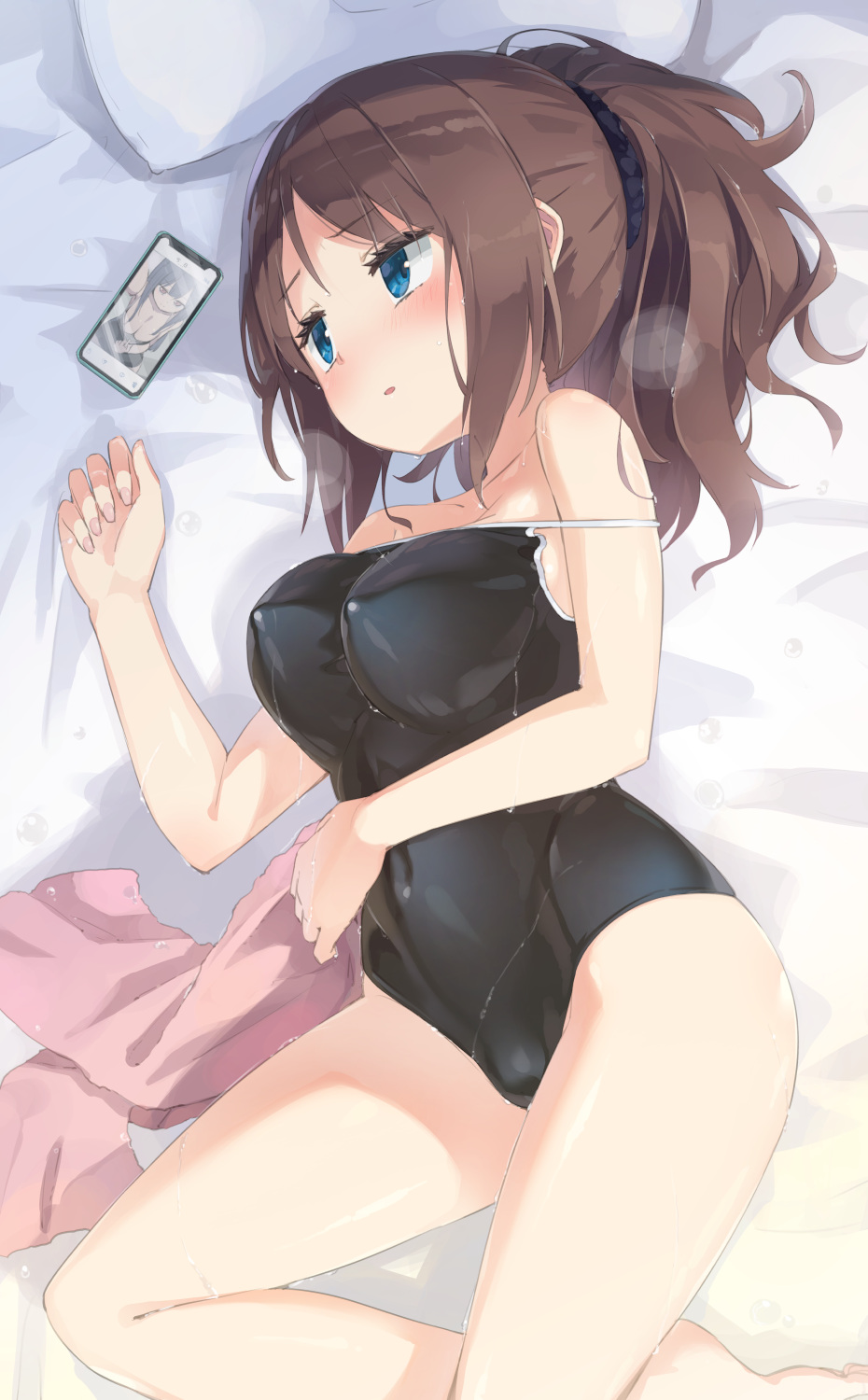 1girl black_one-piece_swimsuit blue_eyes blush breasts brown_hair cellphone competition_school_swimsuit covered_navel covered_nipples hair_ornament hair_scrunchie highres homura_subaru large_breasts long_hair lying medium_breasts on_bed one-piece_swimsuit original phone ponytail school_swimsuit scrunchie smartphone swimsuit thighs towel yuri