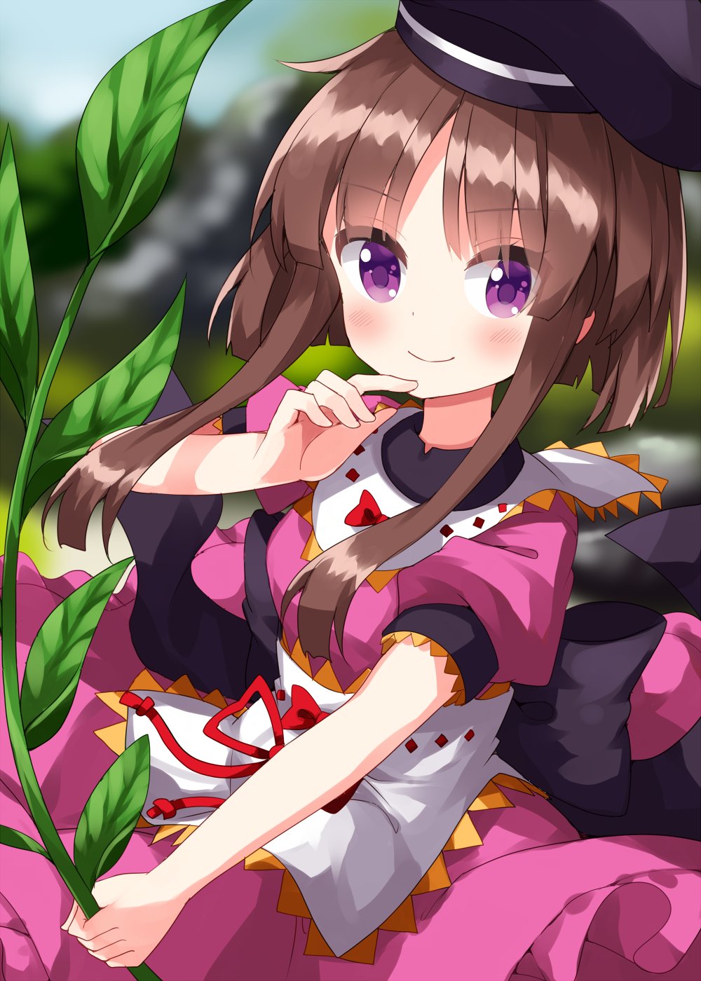 1girl apron black_headwear bow brown_hair closed_mouth commentary_request dress frills happy hat highres myouga_(plant) nishida_satono one-hour_drawing_challenge pink_dress purple_eyes ribbon ruu_(tksymkw) short_hair short_hair_with_long_locks smile solo tate_eboshi touhou waist_apron