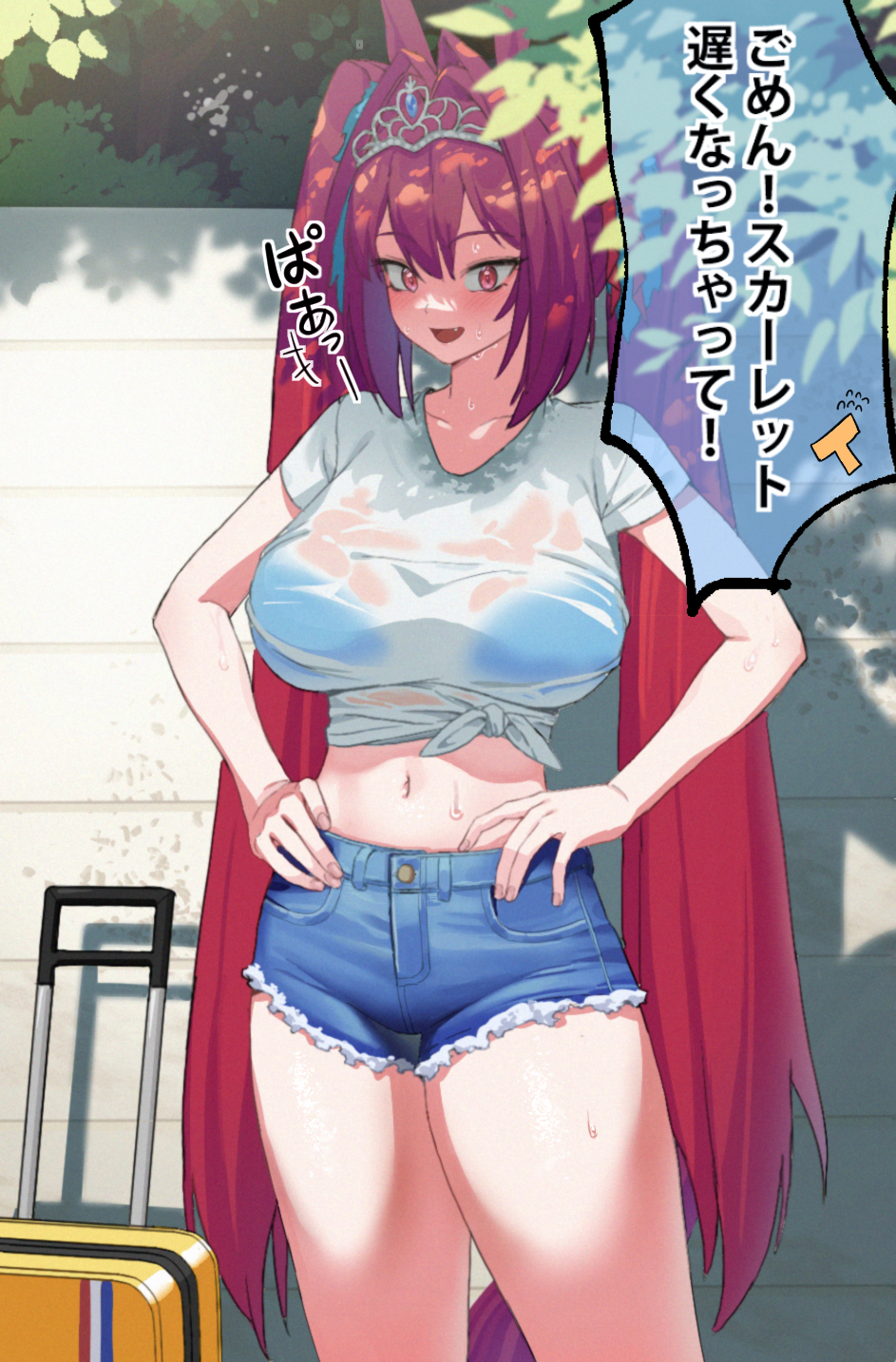 1girl acaa animal_ears breasts commentary_request daiwa_scarlet_(umamusume) denim denim_shorts highres horse_ears horse_girl horse_tail large_breasts long_hair looking_at_viewer navel outdoors red_eyes red_hair see-through_clothes see-through_shirt shirt short_shorts shorts smile solo sunlight sweat tail tiara tied_shirt translation_request umamusume very_long_hair