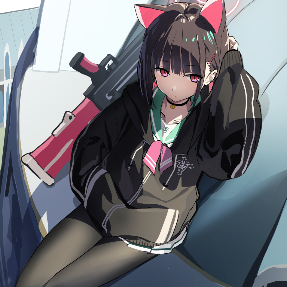 1girl animal_ears black_choker black_hair black_jacket black_pantyhose blue_archive bren_lmg cat_ears choker closed_mouth colored_inner_hair gun hair_ornament hairclip halo hand_in_pocket jacket kazusa_(blue_archive) light_machine_gun long_sleeves looking_at_viewer multicolored_hair ningen_(ningen96) outdoors pantyhose pink_eyes pink_hair sailor_collar short_hair sitting skirt solo weapon white_skirt