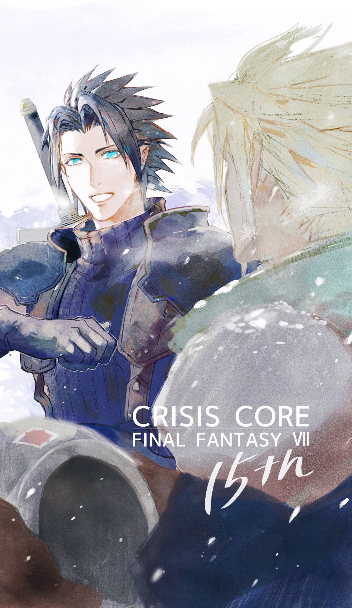 2b_fff 2boys aqua_eyes armor bangs black_gloves black_hair blonde_hair blue_shirt brown_gloves cloud_strife crisis_core_final_fantasy_vii facing_another final_fantasy final_fantasy_vii gloves green_scarf grin helmet highres holding holding_helmet male_focus multiple_boys outdoors parted_bangs scarf shirt short_hair shoulder_armor sleeveless sleeveless_turtleneck smile snow snowing spiked_hair suspenders sword teeth turtleneck upper_body weapon weapon_on_back zack_fair